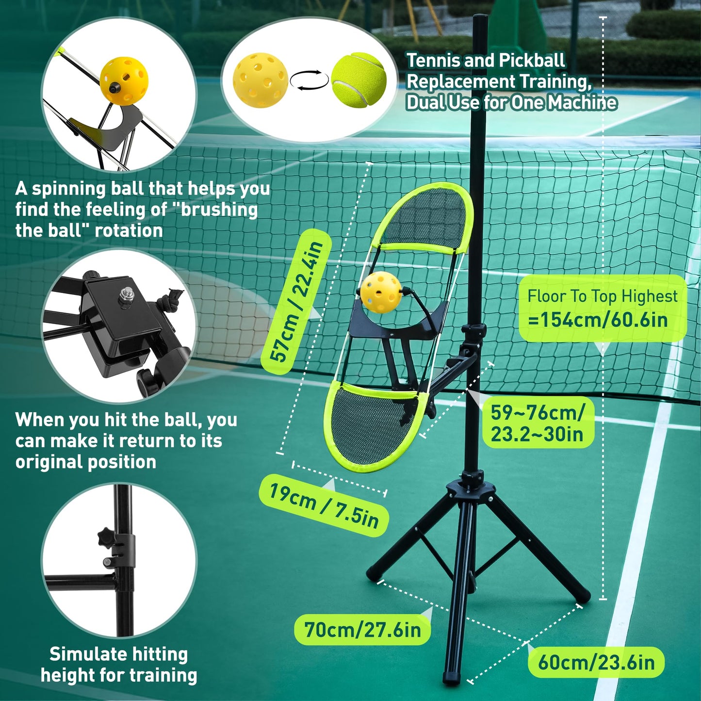 WAOPSO Pickleball Topspin Trainer,Tennis&Pickleball Practice Tool with 360° Angles and Height Adjustment, Portable Pickle Ball Training (Matte Black + Green)