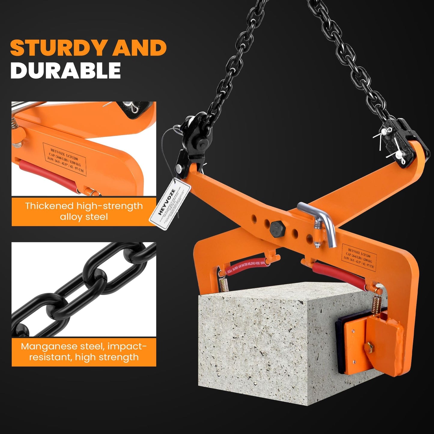HEYVOZE 2646 lbs Granite Slab Lifting Clamp, Adjustable Range: 16.5"-42.5", Heavy Duty Stone Lifting Clamps for Carrying and Vertical Transport of Marble, Concrete Blocks, Slate Sheets, Curb Stones