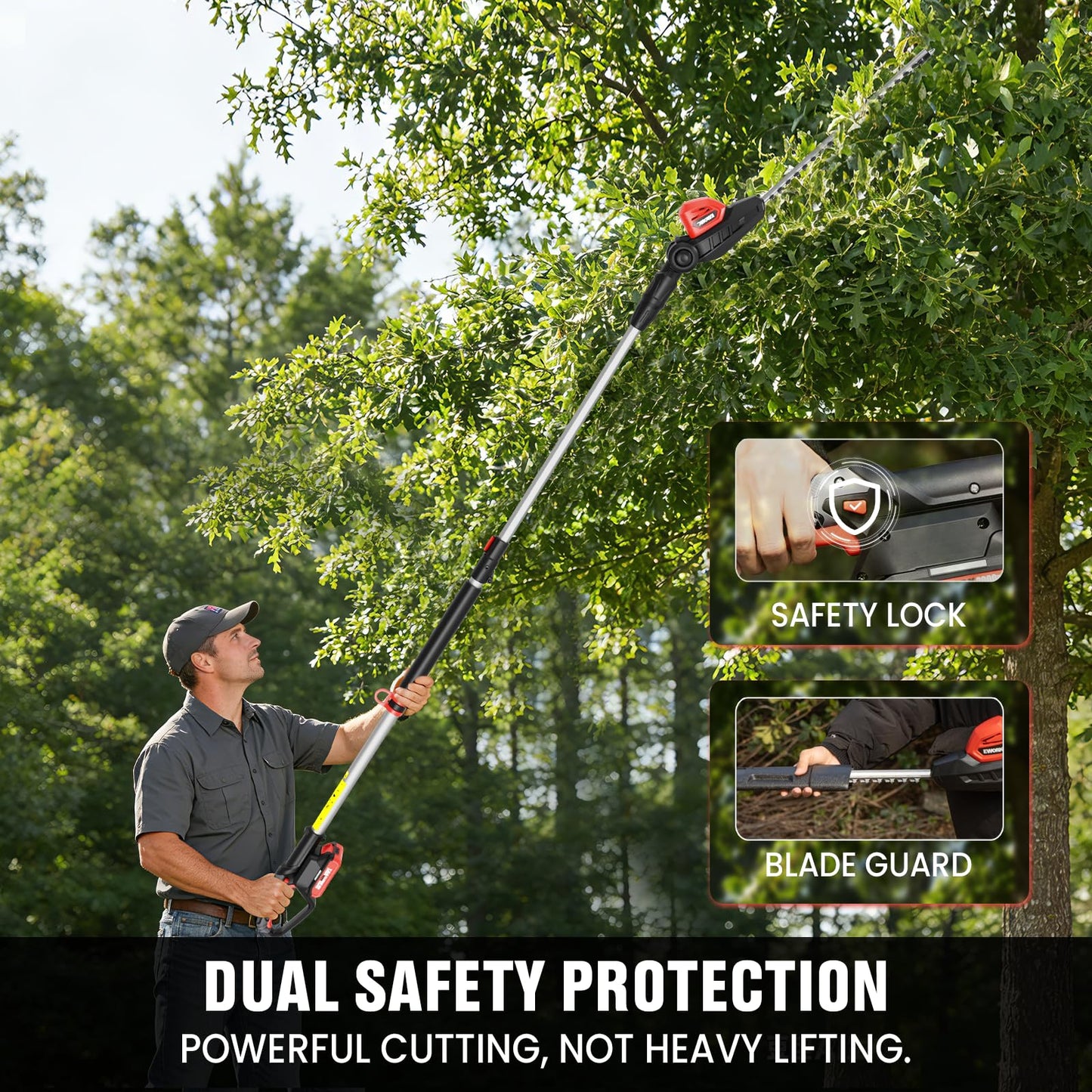 EWORK 20V Cordless Pole Hedge Trimmer with 2 Batteries and Charger, 18-Inch Blade Pole Trimmer, 6.3Ft-8.6Ft Extended Reach, 11-Angle Pivoting Head, Lightweight 6 LBS Battery Powered Bush Shrub Cutter