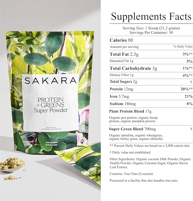 SAKARA Protein + Greens Super Powder ??30 Servings, Organic Plant-Based Blend with Hemp, Pumpkin, Pea Protein, Wheatgrass & Spirulina, Vegan Superfood Drink Mix