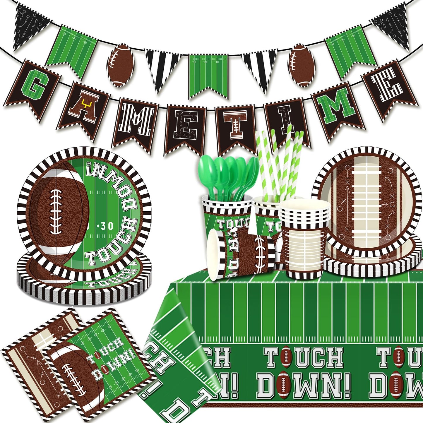 Zhehao 196 Pcs Football Birthday Party Decorations Serve 24 Guests Football Party Supplies Tableware Set Banner Tablecloth Plates Cups Cutlery Straws Napkins for Birthday Day Tailgate Decorations