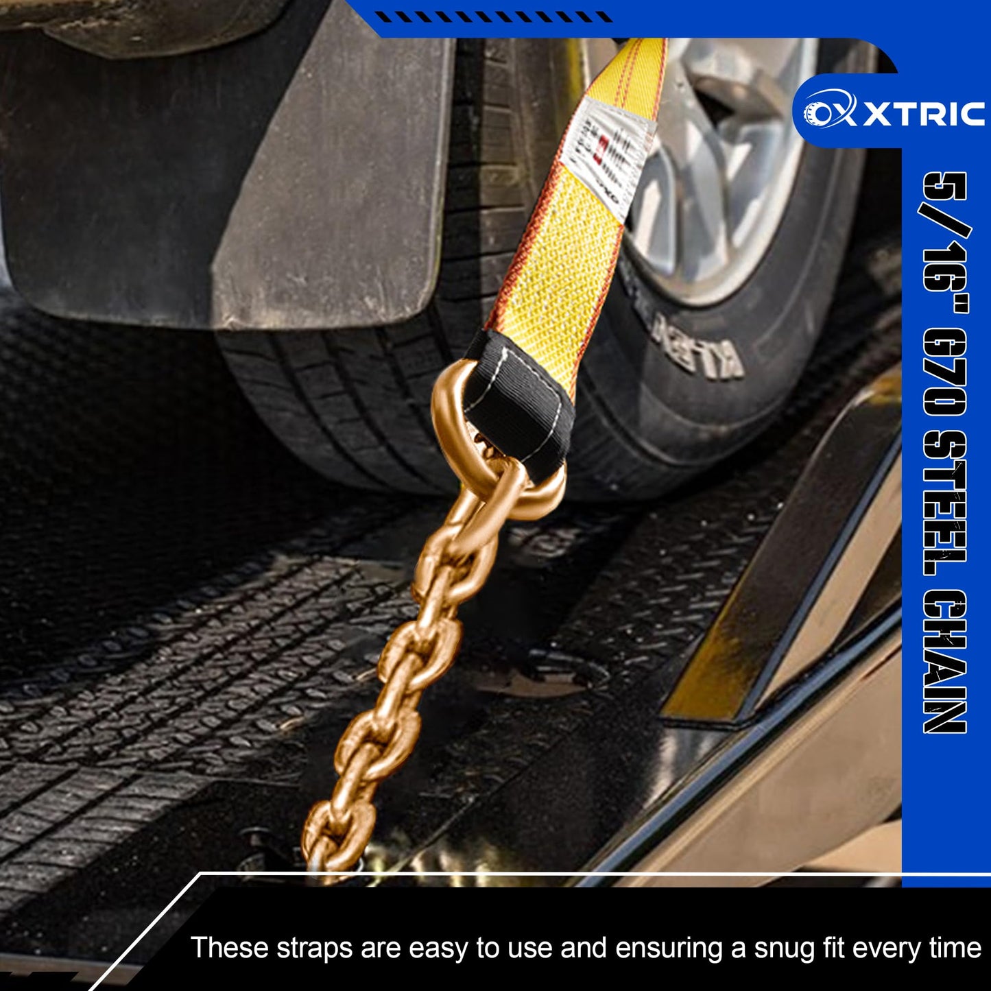 OXXTRIC 8 Point Roll Back Vehicle Tie Down Kit,Tow Truck Flatbed Straps with Chain Extension on Both Ends,WLL 3300 lbs,Heavy Duty Car Hauler Tire Over Wheel Tie Down Straps