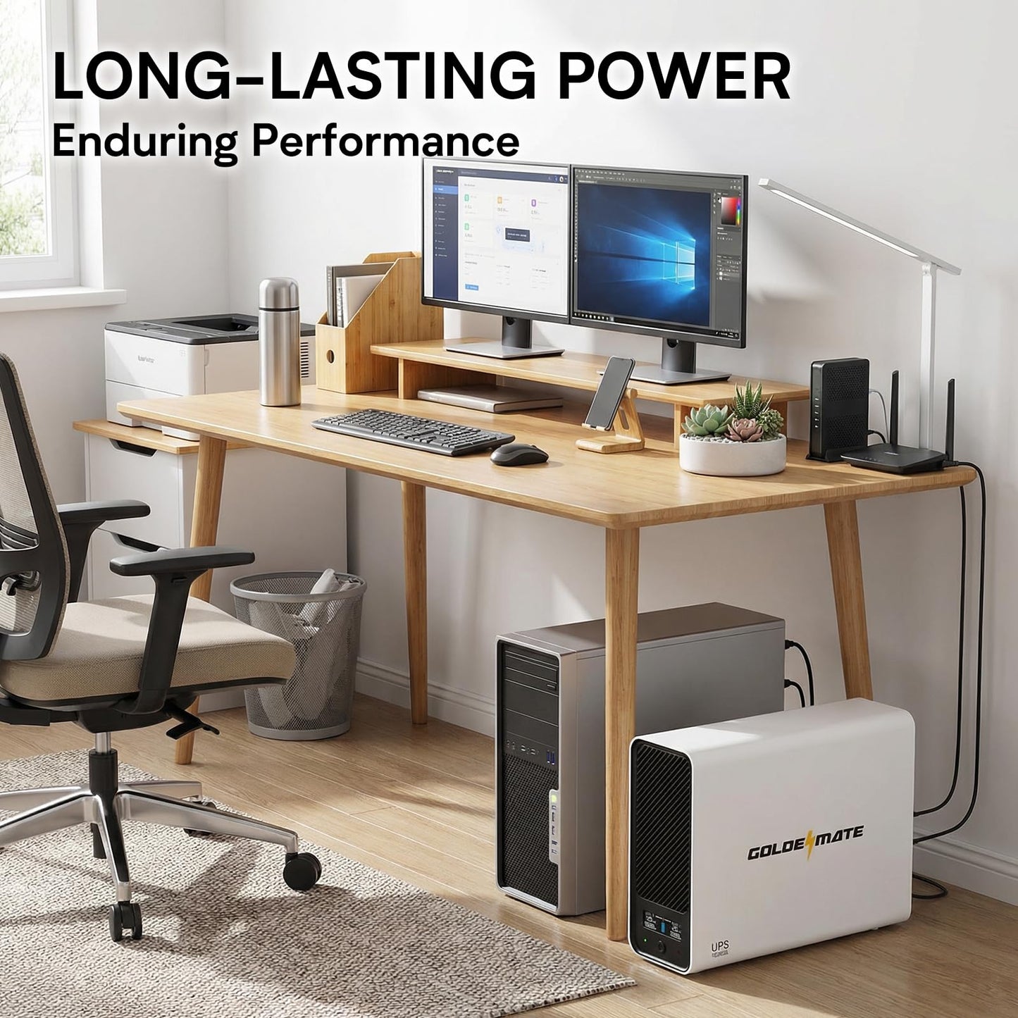 GOLDENMATE 1000VA/800W Lithium UPS Battery Backup and Surge Protector, Sinewave UPS System with LiFePO4 Battery(230Wh), Updated Pro Ver. with USB Communication Port, 8 Outlets, LCD Display, White