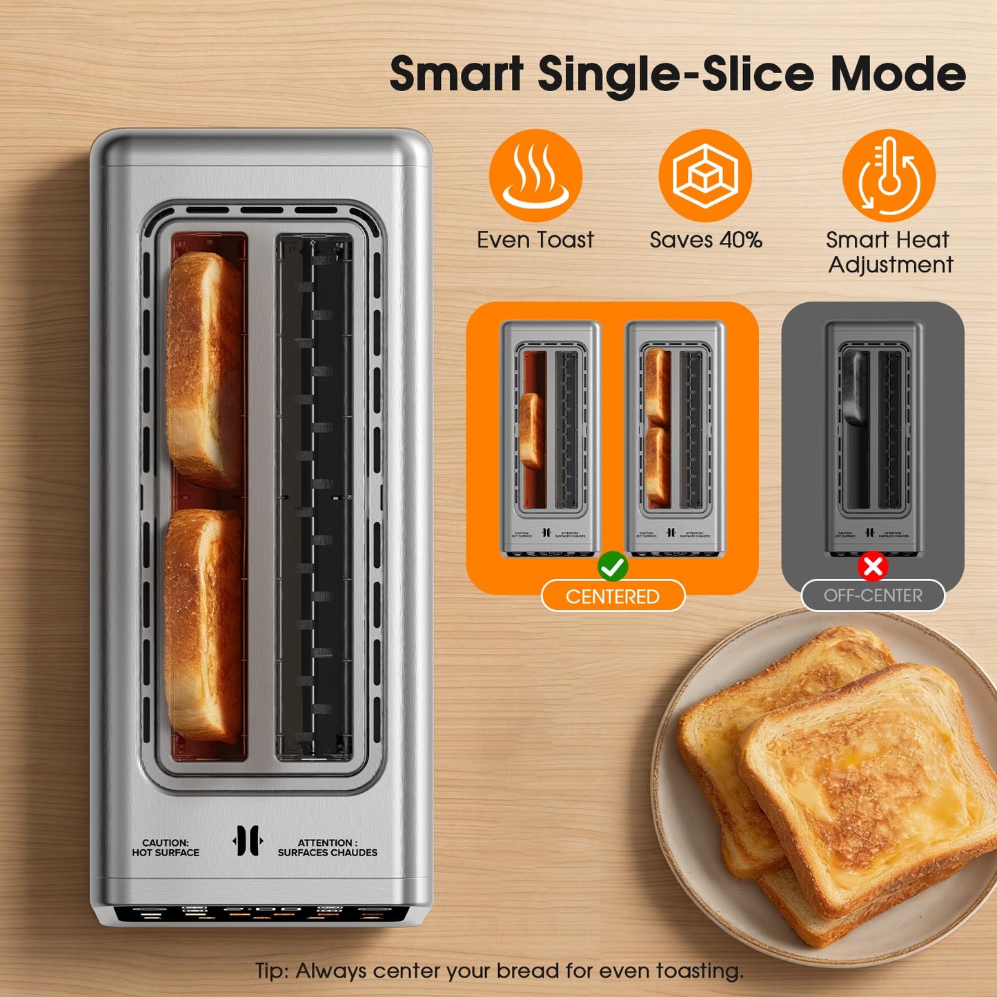 Smart 4-Slice Toaster, 75° Touchscreen with Digital Timer & Even-Heat Tech, Extra-Wide Slots for Bagels & Thick Bread, 6 Browning Levels, Defrost/Reheat, Single-Slot Energy Saving