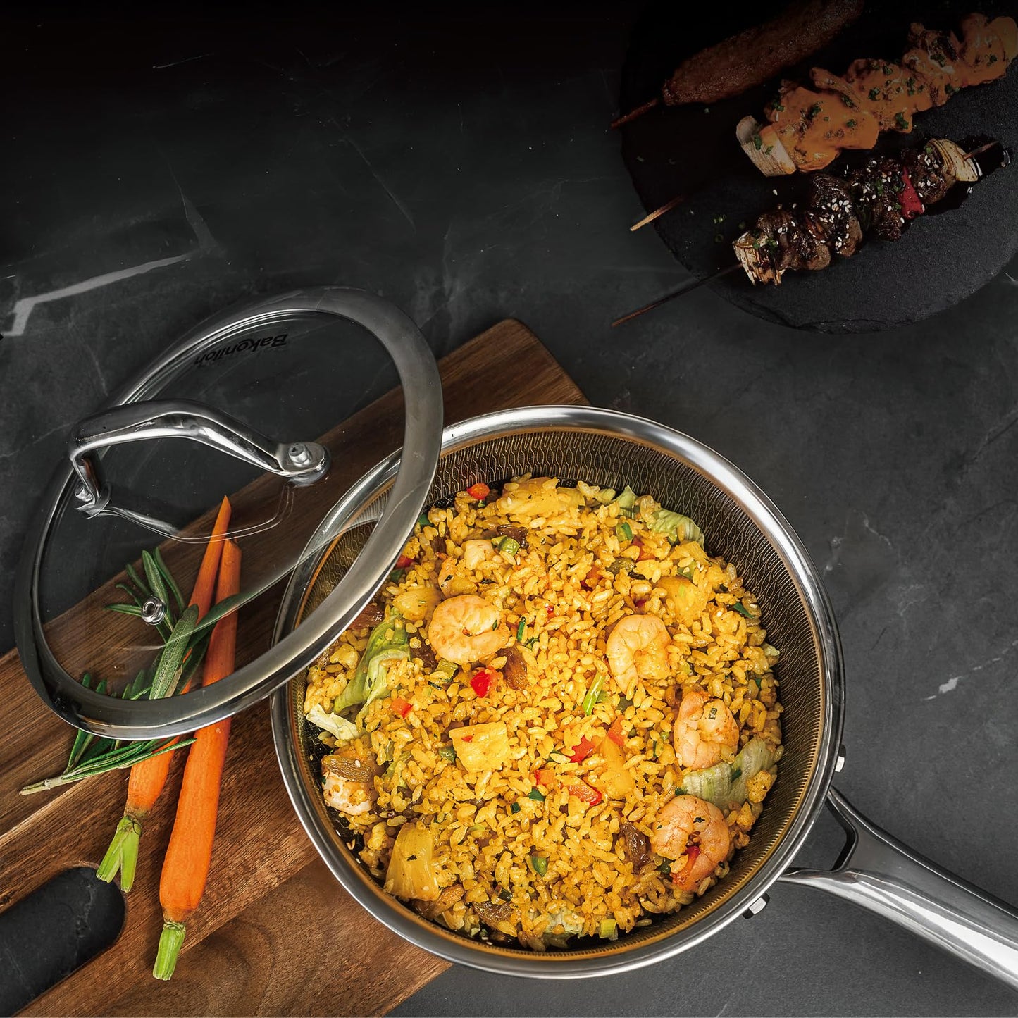 Bakoniion Hybrid Nonstick Saucepan Set of 2 with Lids 1.5 QT and 3 QT, Stainless Steel Honeycomb Pans with Side Pour Spouts,Compatible with All Cooktops,Dishwasher and Oven Safe