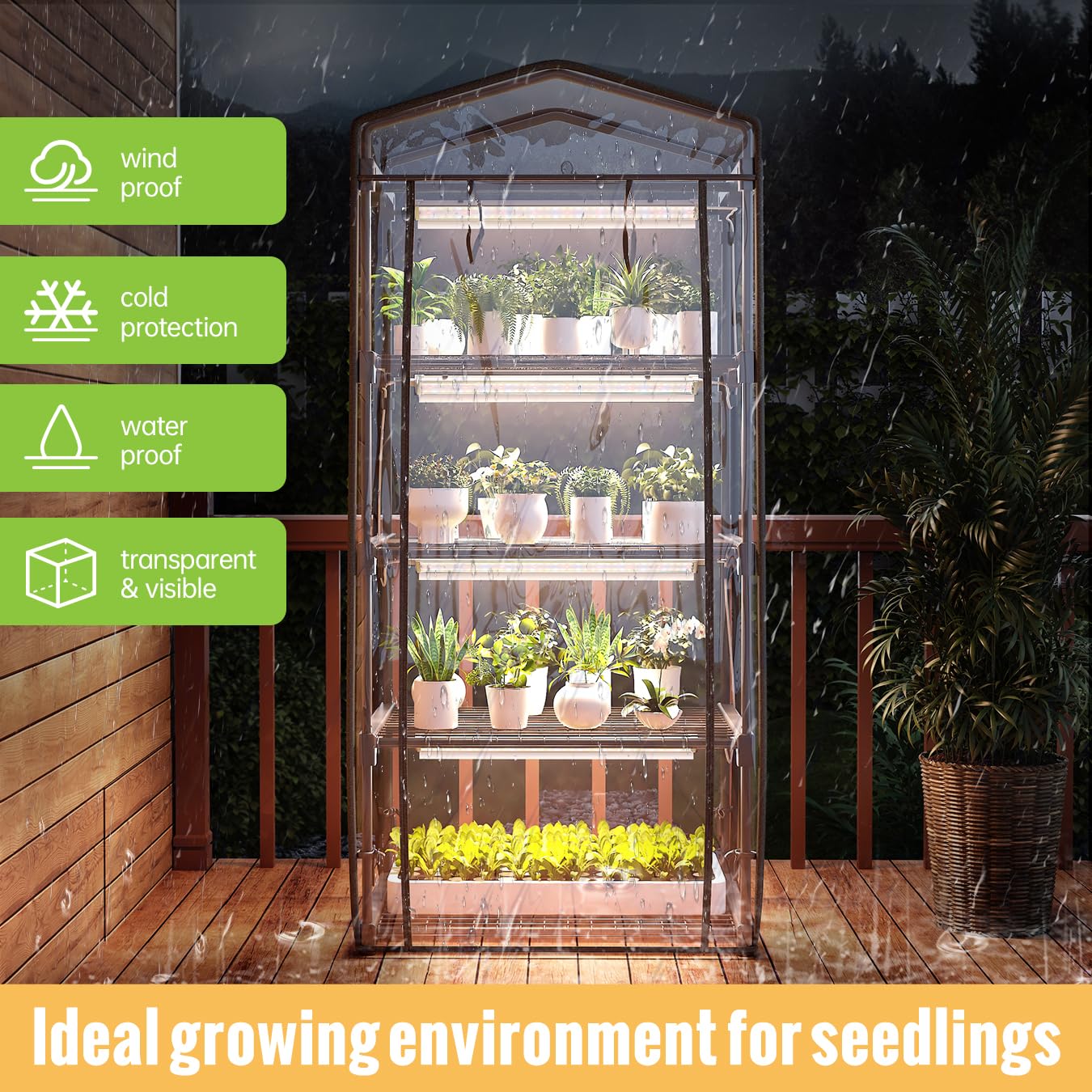 SpeePlant Indoor Greenhouse with Grow Light, 4 Tier, 1.6FT 80W Full Spectrum Grow Light with Timer, Portable Plant Shelves with Waterproof PVC Cover for Seed Starting, 26.4L X 19W X 61H