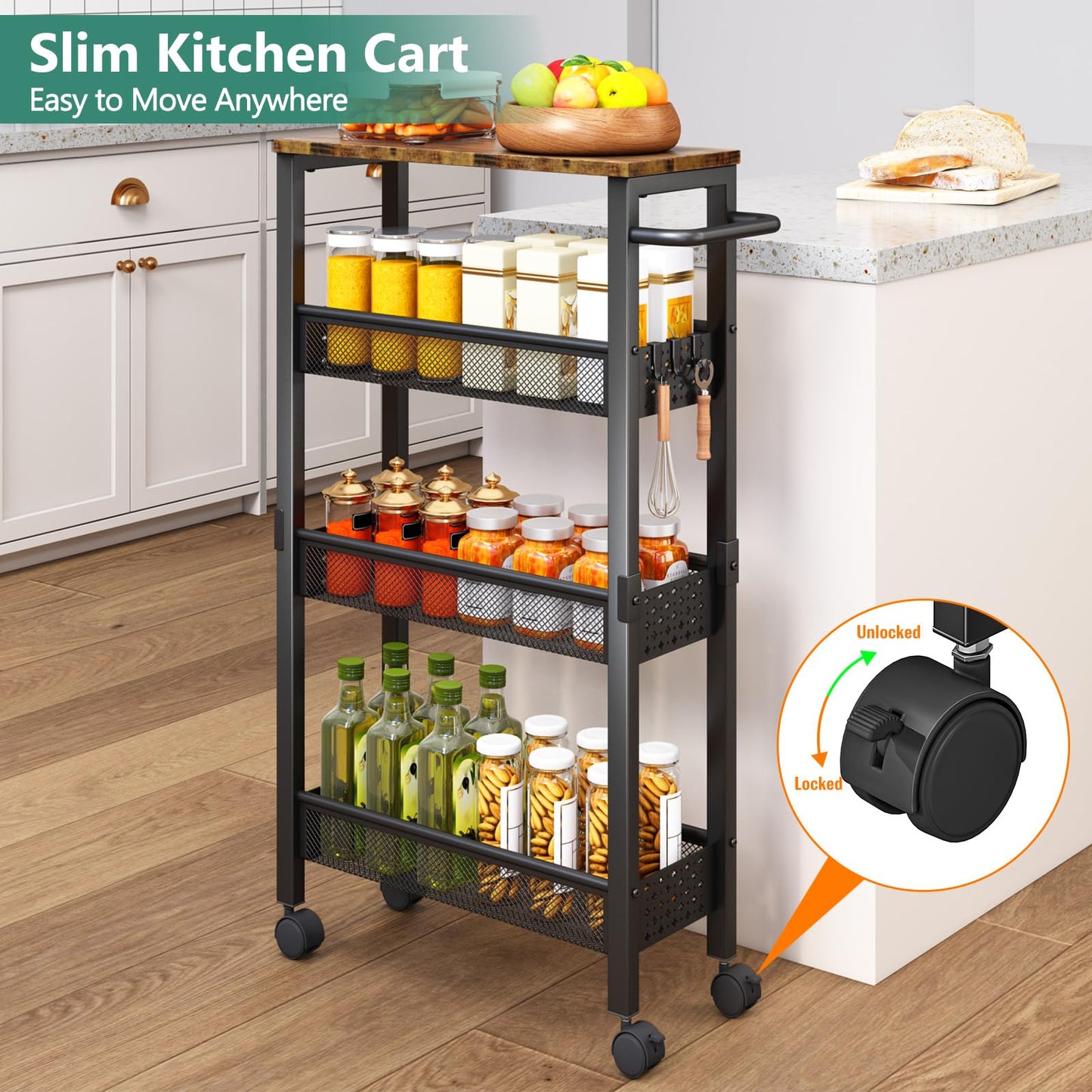 Vivihomety Utility Slim Storage Cart with Wheels, 4 Tier Small Rolling Cart with Wood Top, Metal Kitchen Bathroom Laundry Room Organization Trolley with Handle for Narrow Space – Black