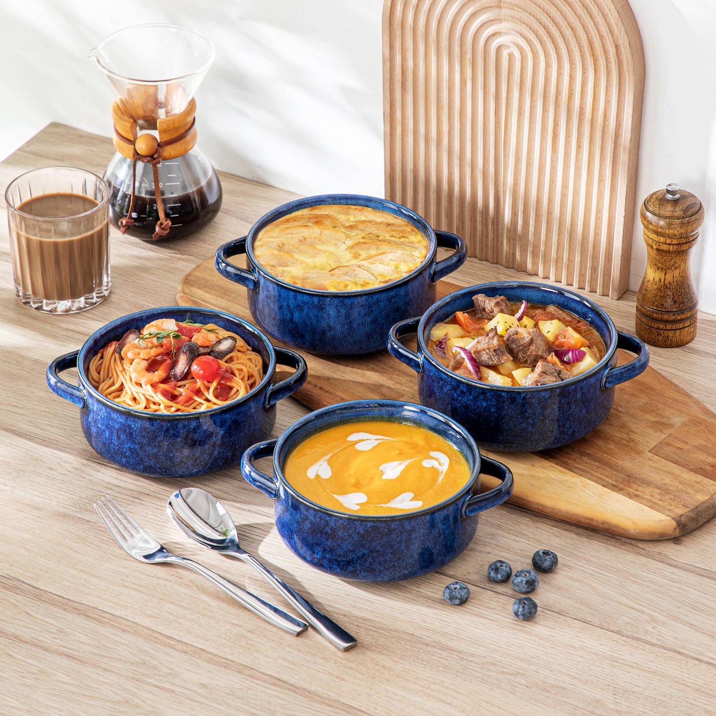 vancasso Starry Soup Bowls with Handles, 30 Oz French Onion Soup Bowls, Oven safe soup bowls for Cereal, Pasta, Chilli, Stew, Large Soup Crocks Set of 4, Blue