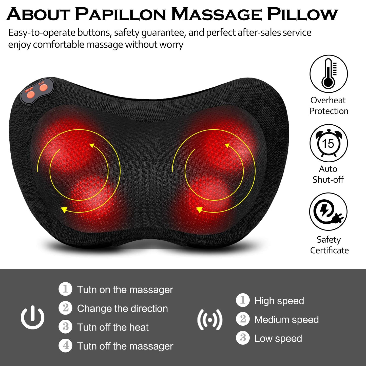 Papillon Fathers Day Dad Gifts for Husband,Back Massager with Heat,Shiatsu Neck Massager Pillow for Back,Neck,Shoulder,Foot&Lower Back Pain Relief,Relaxation Gifts for Women/Mom/Dad(Black)