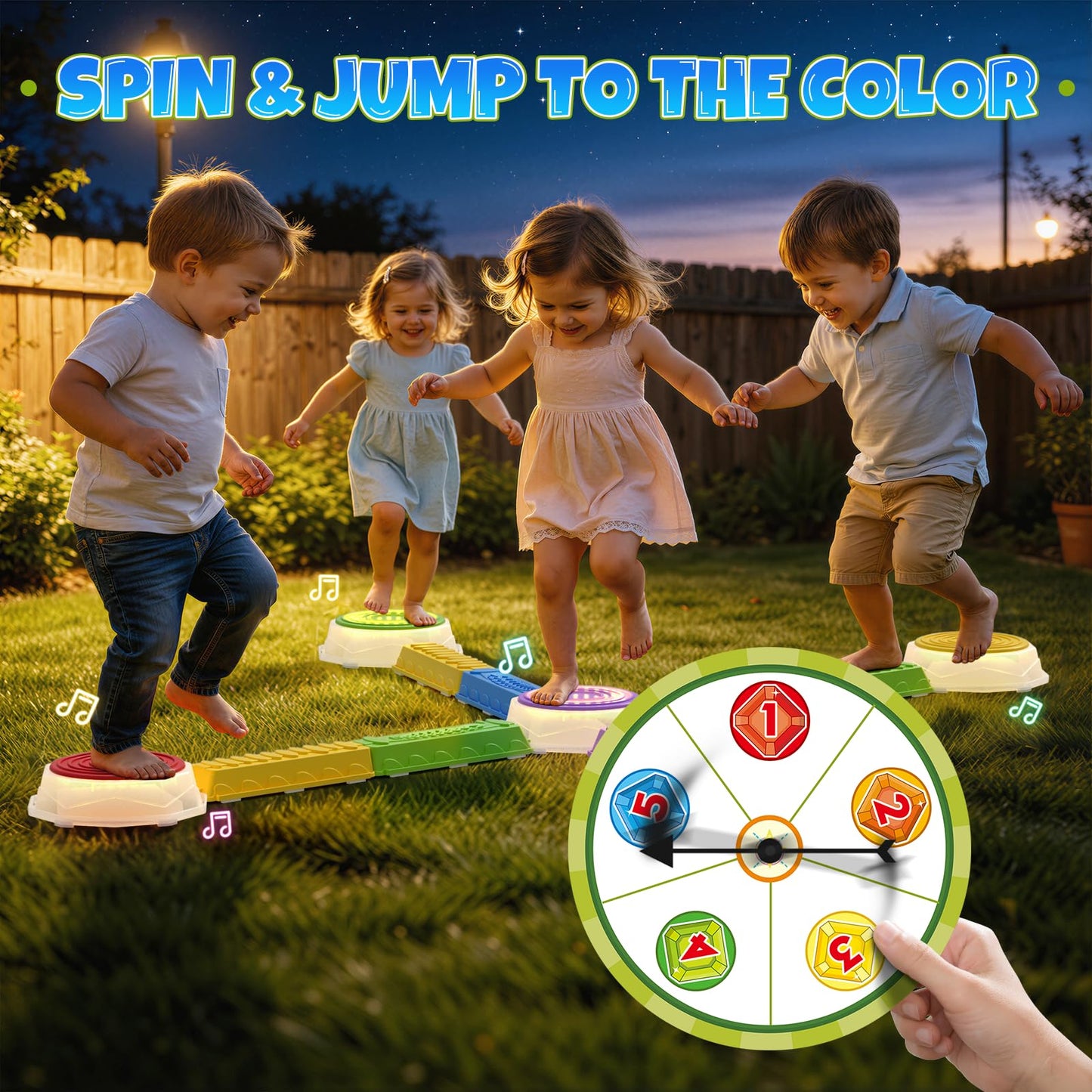 Wee Wonders Light Up Stepping Stones & Balance Beam for Kids, Step Stones with Piano Music, Game Spinner & 30 Cards, Non-Slip Sensory Obstacle Course Toys, Indoor Outdoor Gifts for Toddlers 3-5