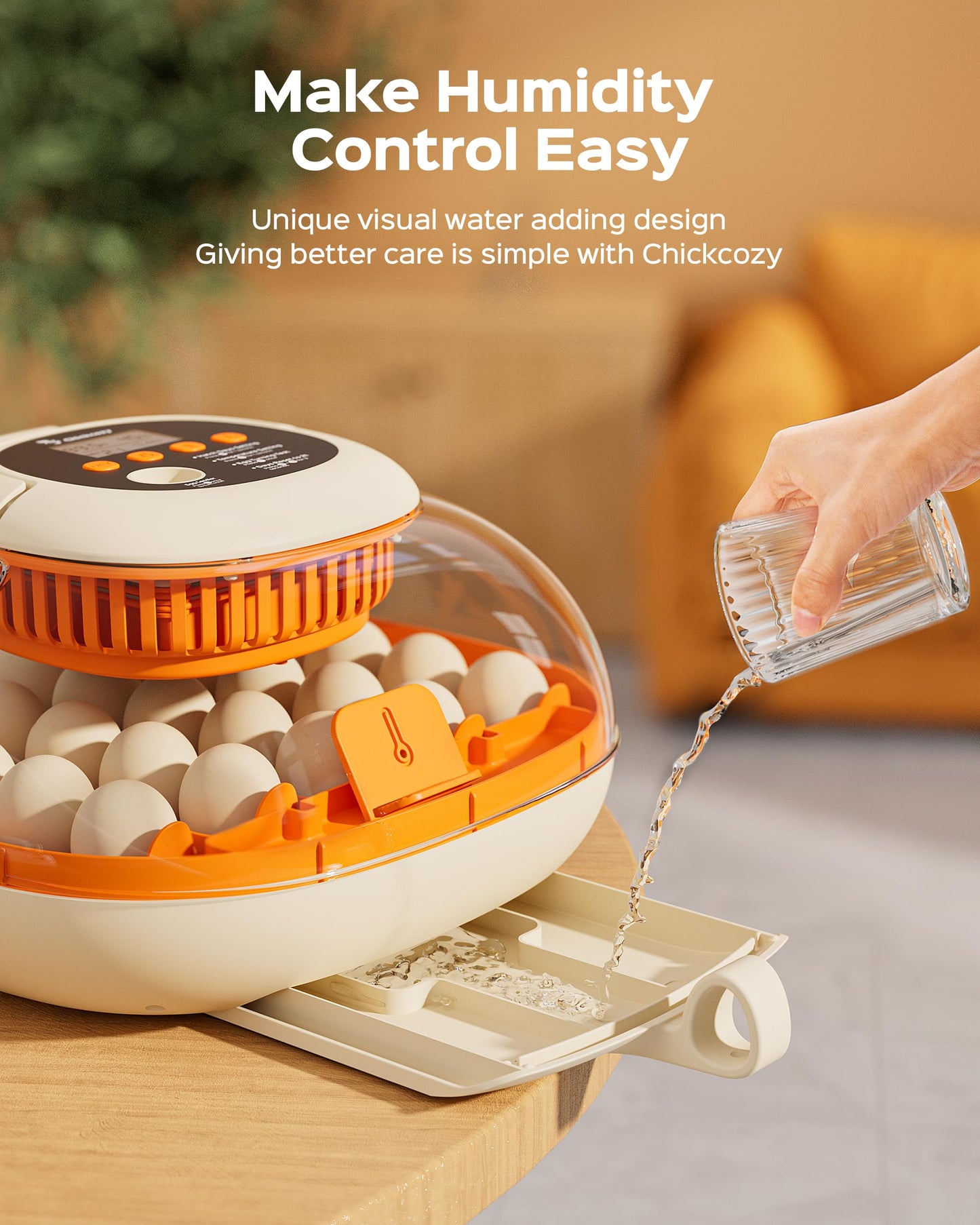 Chickcozy 25 Egg Incubator, Automatic Egg Turner with Thermometer Seat and Humidity Control, Egg Candler, 360° View with Clear Window, Incubators for Hatching Chicks (Sunlit Orange)