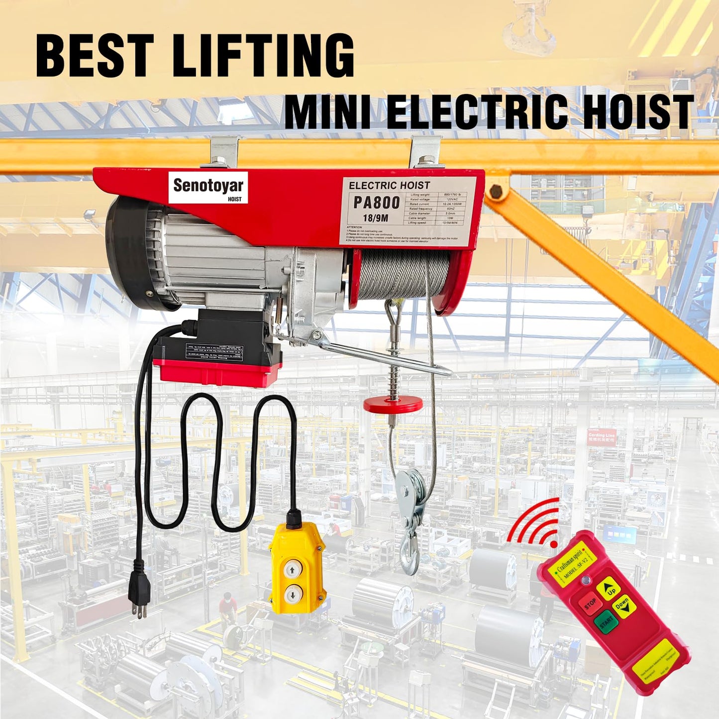 Electric Hoist 2 in 1,1760lbs Electric Hoist Winch with 98ft Wireless Control&Wired Remote Control,110v Electric Hoist 59ft/29.5ft Lifting Height for Garage Warehouse Factory,Single/Double Slings