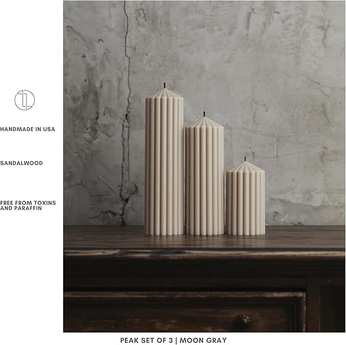 LAWA Ribbed Peak Pillar Candle - Large Beautiful Handmade Pillar Scented Soy Wax Candle Elegant Bubble Aesthetic Candle Housewarming Gift Home Room Shelf Decor Idea White (Set of 3, Moon Gray)