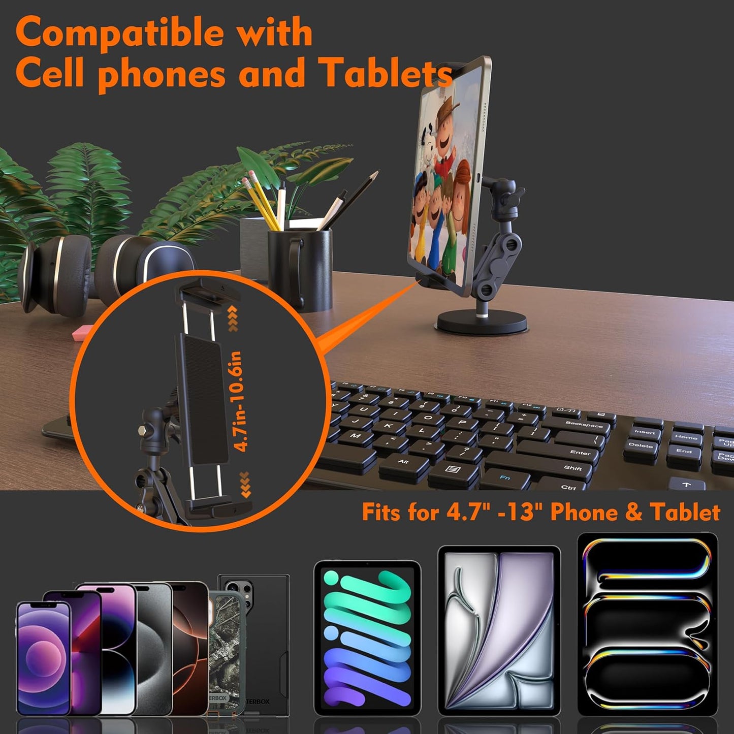 VasSmtCPH 360Adjustable 7.7" 3.5" 4-13" Universal Magnetic Tablet Holder Aluminum Heavy Duty Arm Magnetic Base