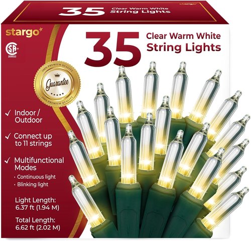 Clear Warm White Christmas Tree Lights - 35 Mini Bulbs with 6.3 ft String | Multifunctional Outdoor & Indoor Decor