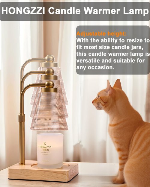 HONGZZI Candle Warmer Lamp - Electric Candle Warmer with Timer, Adjustable Height & Brightness, 2 Replacement Bulbs, 1-Year Warranty - Perfect for Jar Candles, Kitchen, Living Room, Bedroom (Gold)