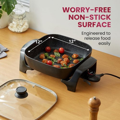 Elite Gourmet Extra Deep Non-Stick Electric Skillet - 12"x12"x3.2" (7.5Qt) with Glass Lid & Adjustable Temp - Black