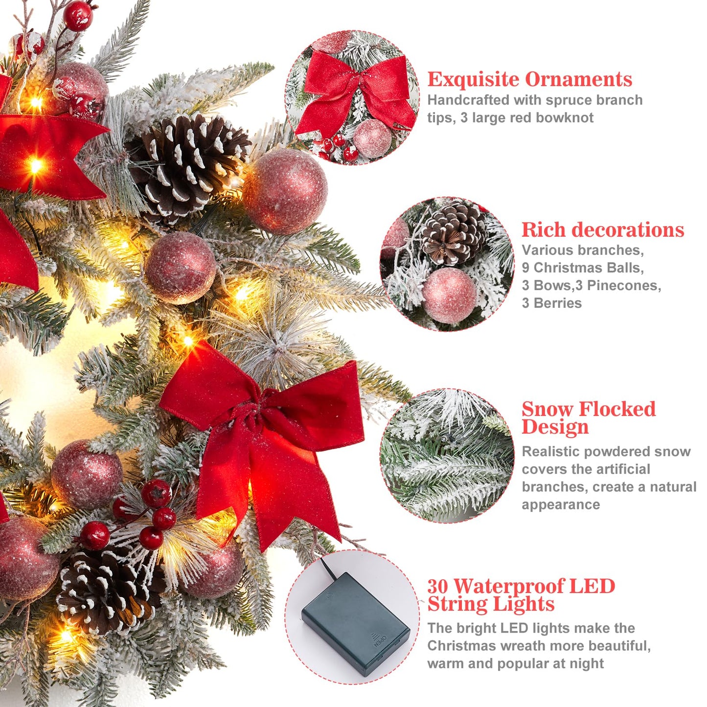 24" Prelit Christmas Wreath with Lights, Battery Operated Xmas Garland with Decorations, Wreath for Front Door Porch Wall Window Fireplace Outdoor Home Holiday Accent
