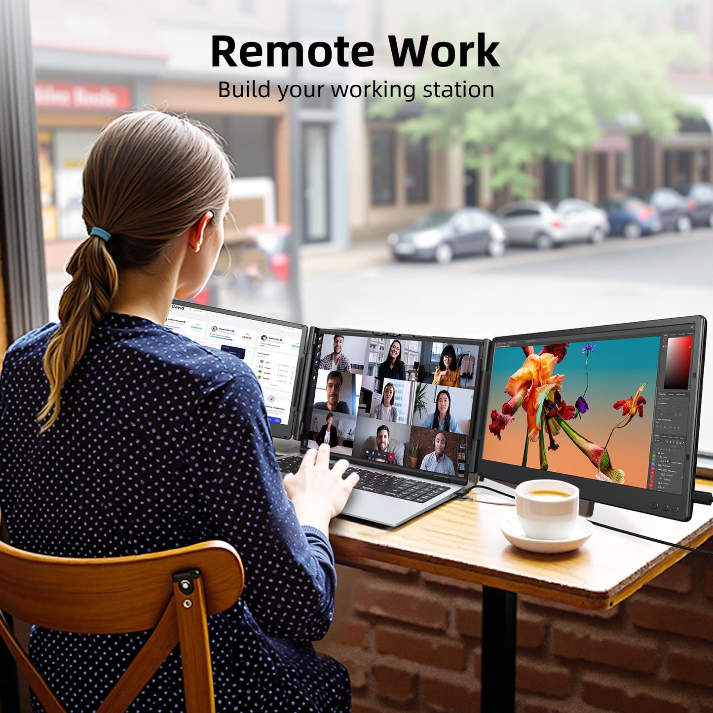 ZUMWALT Laptop Screen Extender, 14" Triple Portable Monitor for Laptop, 1080P FHD Screen Extender Monitors for 13"-16.5", Monitor Extender for MacOS/Windows/Chrome (Built-in Speakers)