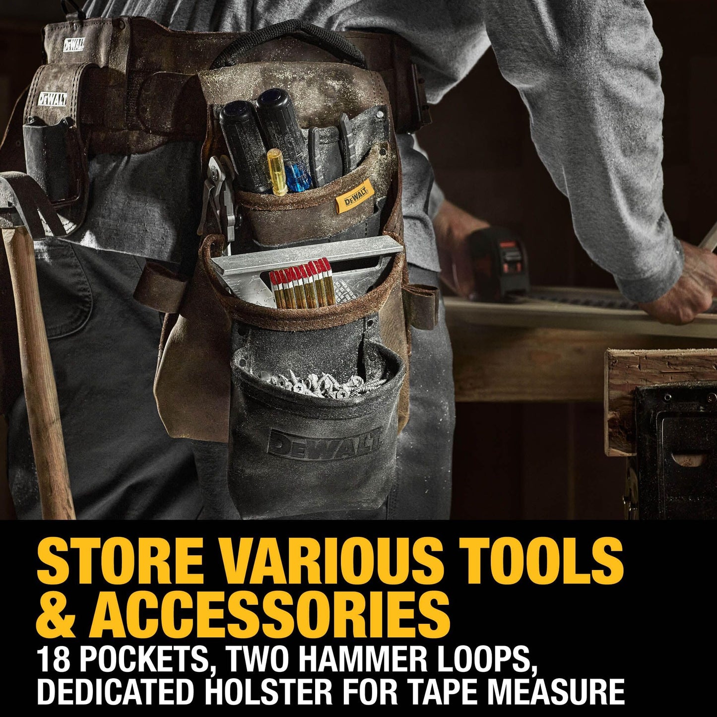 DEWALT Leather Tool Belt Organizer with 18 Pockets, Heavy Duty Construction (DWST550113)