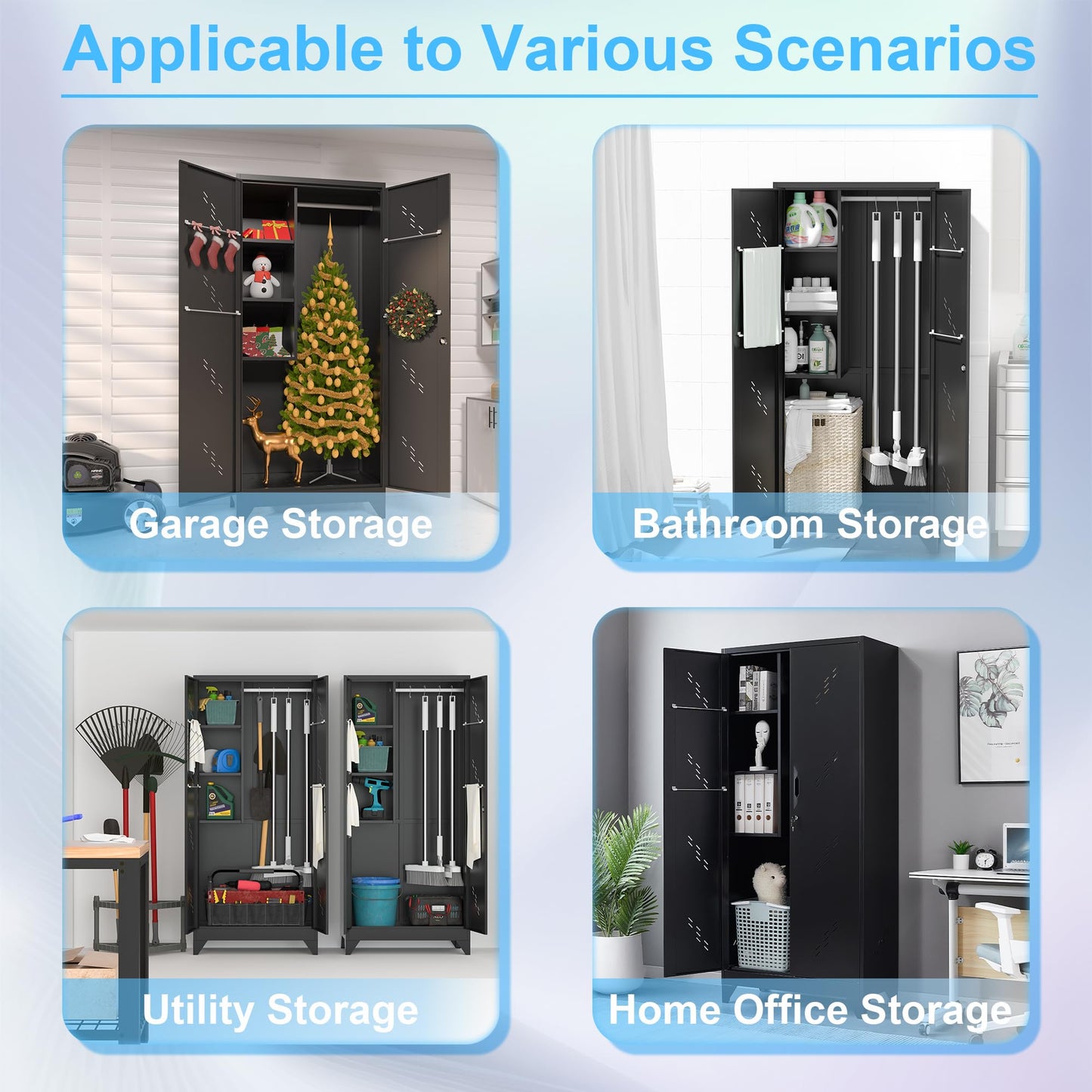 OSEILLC Metal Storage Cabinet with Locking Doors, 75" Tall Garage Cabinet with Hanging Rod, Broom Closet/Freestanding Bathroom Storage Cabinet, Cleaning Tool Storage