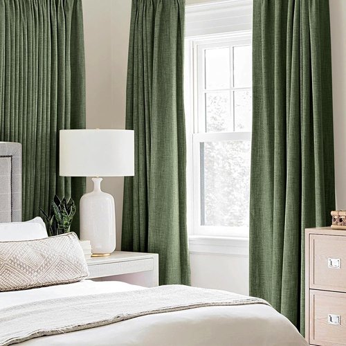 MIULEE 100% Blackout Linen Textured Curtains - Olive Green Thermal Insulated Drapes | 42 x 63 Inch (2 Panels)