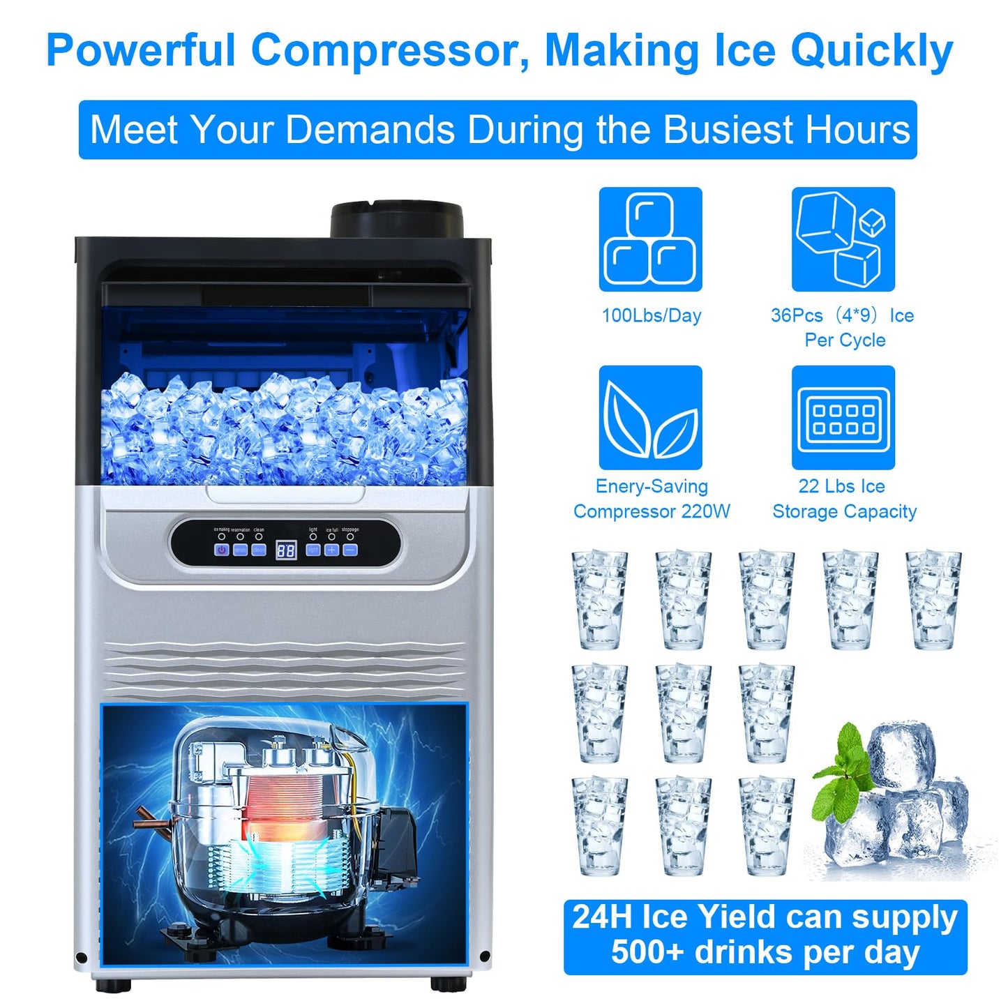 Amzgachfktch Commercial Ice Maker, 100lbs/24H Ice Maker Machine, 2 Water Inlet Modes, Ice Machine with 22lbs Storage, Auto Self-Cleaning, Under Counter/Freestanding Ice Maker for Home/Office/Shop/Bar
