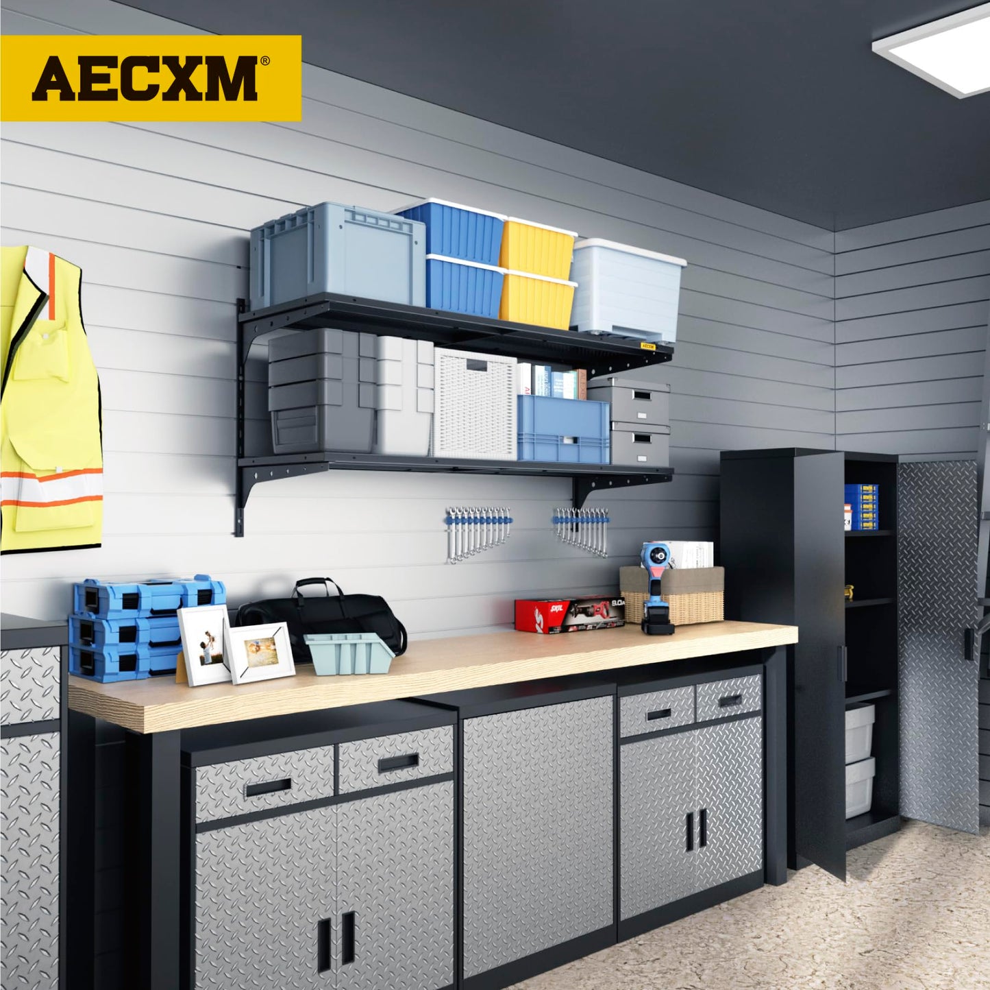 Aecxm 1pack×2 Tier 1.3x4ft Garage Shelving Wall Mounted, 260lbs Load Capacity，15.6x48inch per Shelf Height Cassette Adjustable Floating Shelves, Black
