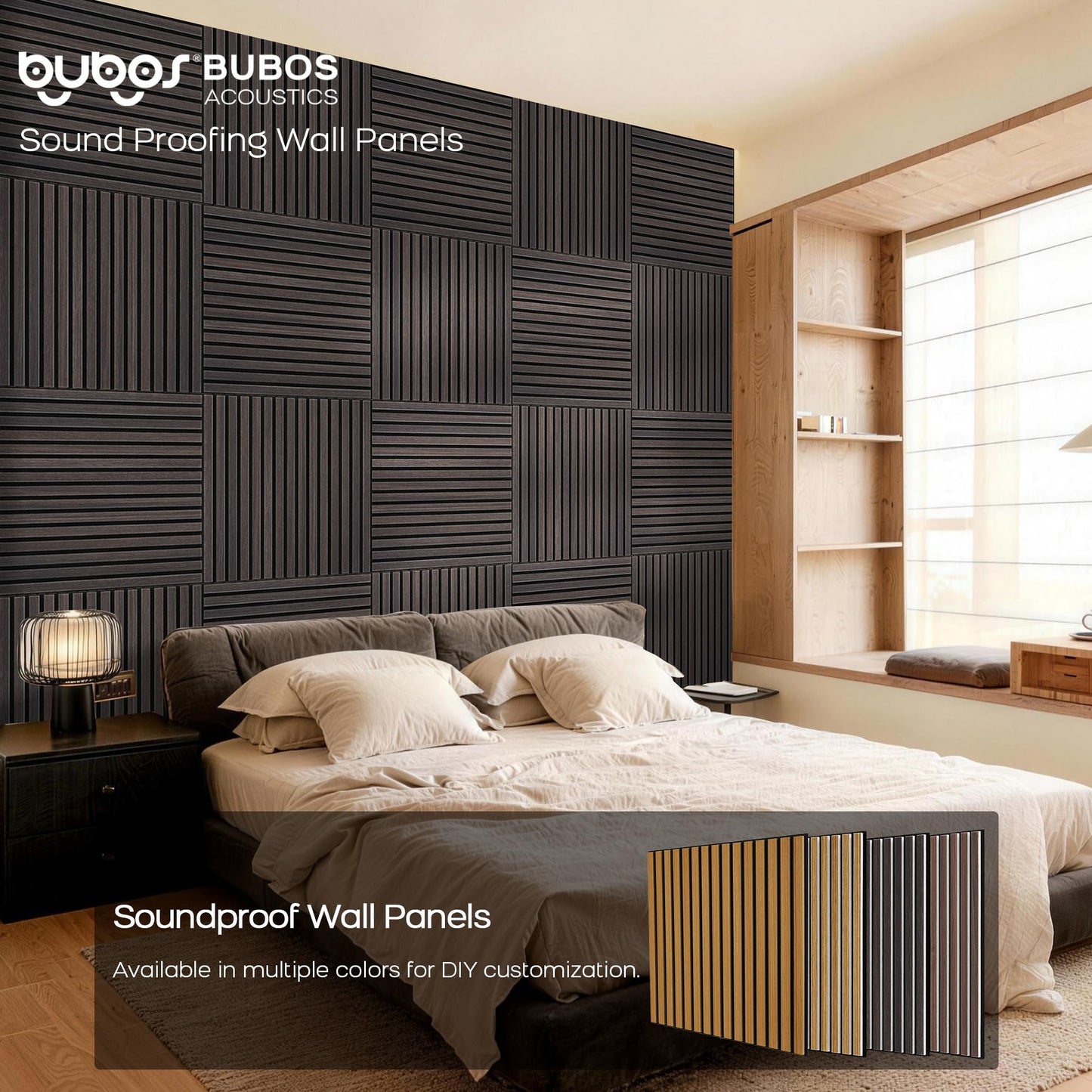 BUBOS Large Acoustic Wall Panels, 6-Pack 24" x 24" x 0.7" Faux Wood Slat Sound Absorbing Panels, High-Density Soundproof Wall Decor for Recording Studio, Home Theater & Gaming Room，Slat Flow Black Oak