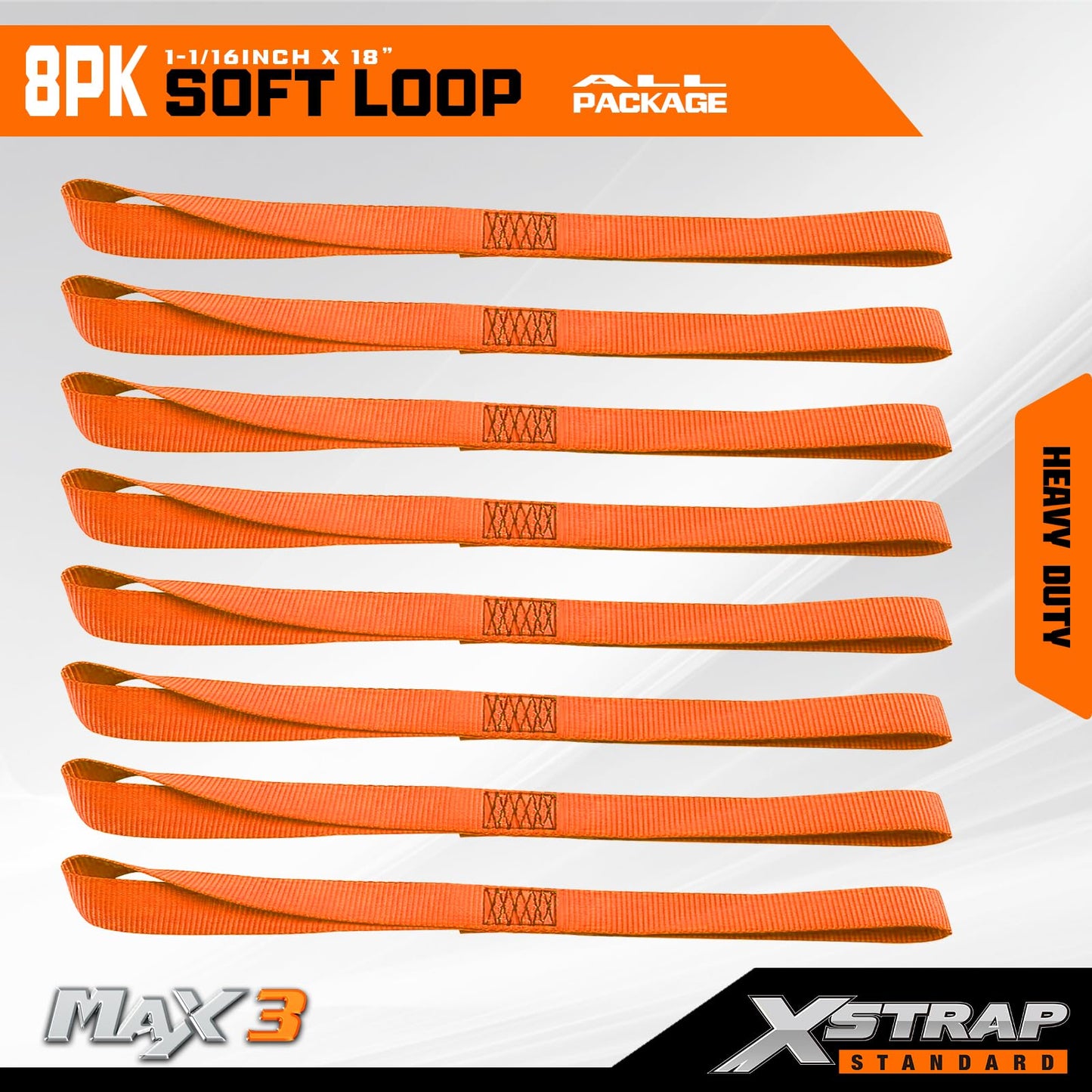XSTRAP STANDARD Soft Loop Tie-Down Straps 8PK 1-1/16 x 18 inches - 3600LB Breaking Strength, Loops for Securing Trailering of Bikes, ATV, UTV, Motorcycles, Scooters, Dirt Bikes, Lawn Equipment, Orange