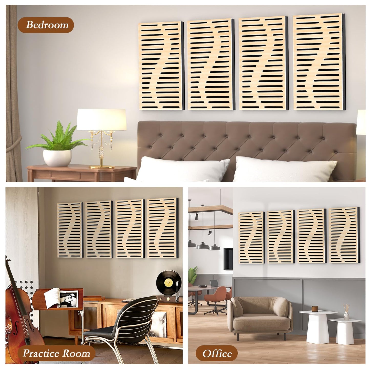 4Pack Acoustic Wall Panel Self-Adhesive Soundproof Foam Panels for Wall, 3D Perforated Tri-Layer Polyester Fiber Decorative Acoustic Insulation for Recording Studio, Office, 24×12×1.78", Regular-Line