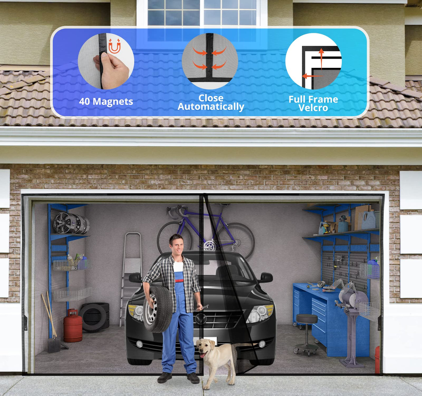 Garage Door Screen For 1 Car 14x7FT, Magnetic Screen Garage with Retractable Fiberglass Mesh and Heavy Duty Weighted Bottom, Easy Assembly & Pass, Hands Free Screen Door w/ 36 Magnets for Garage/Patio