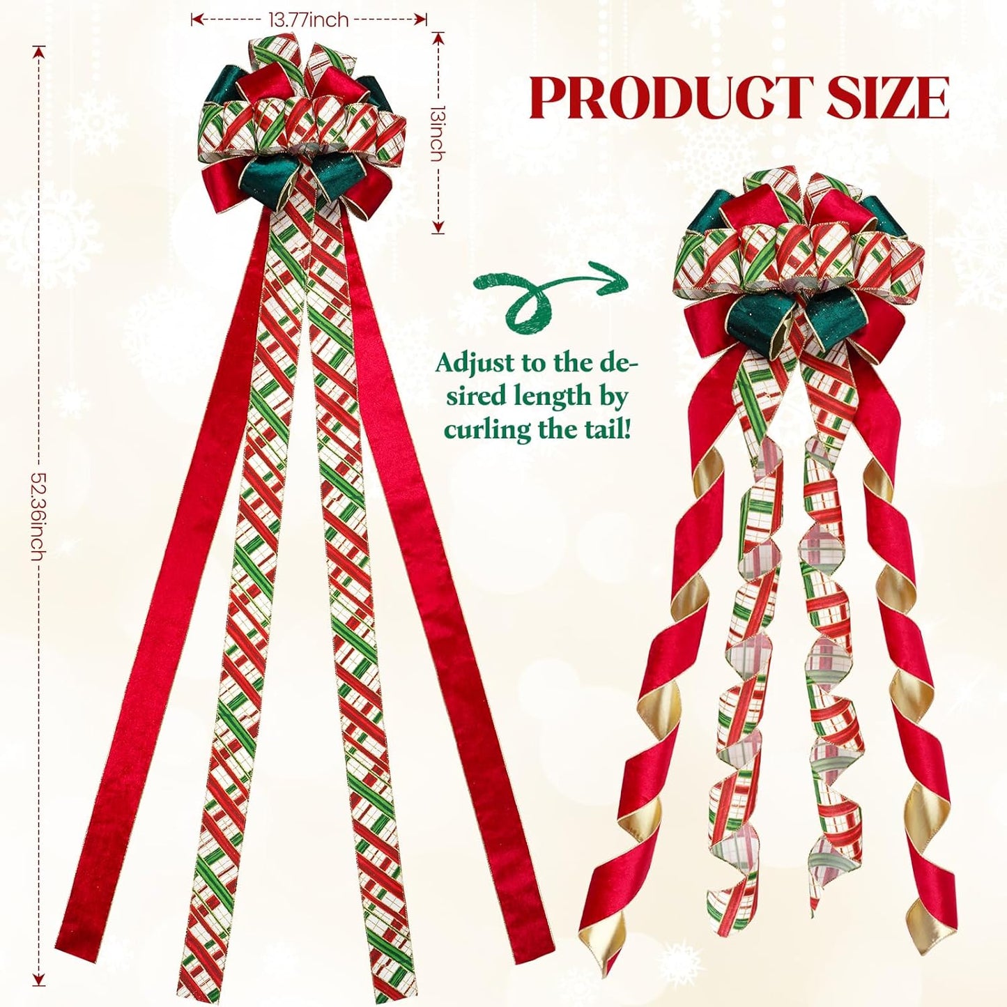 Skiennix Christmas Tree Topper Bow - 13" Large Velvet Red & Green Buffalo Plaid Decoration for Holiday & Festive Parties