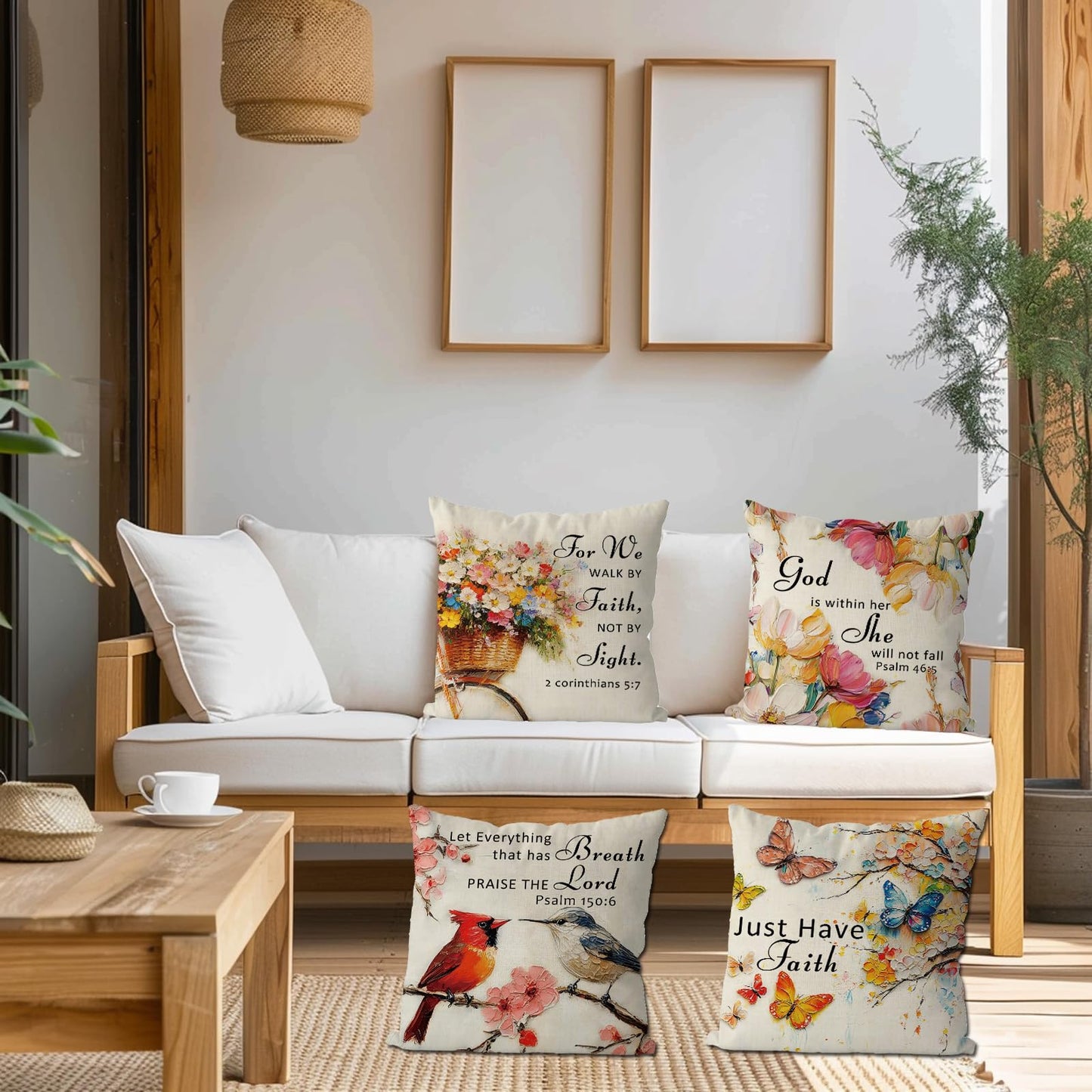 QIONG MENG Jesus Christian Pillow Covers 18 x 18 Inch Set of 4 Cardinal Butterfly Spring Summer Throw Pillowcase Floral Religious Decorative Cushion Case for Home Sofa Farmhouse Decorations