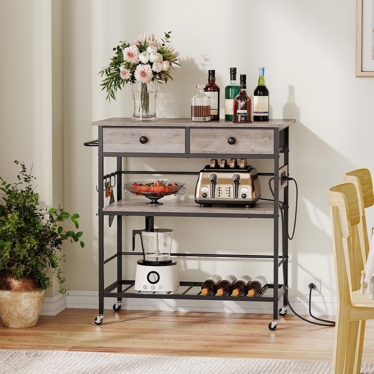 HOOBRO Kitchen Island and Kitchen Island with Storage Bundle, Industrial Kitchen Island on Wheels and Side Enclosures, 3 Tier Kitchen Cart with Large Workstation BC03ZD01-BG08UZD01