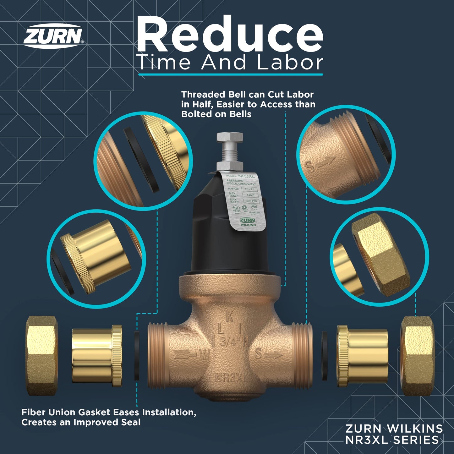 Zurn Wilkins 3/4" NR3XL Water Pressure Reducing Valve Integral By-pass Check Vlv & Strainer High Range, Sealed Cage, Double Union