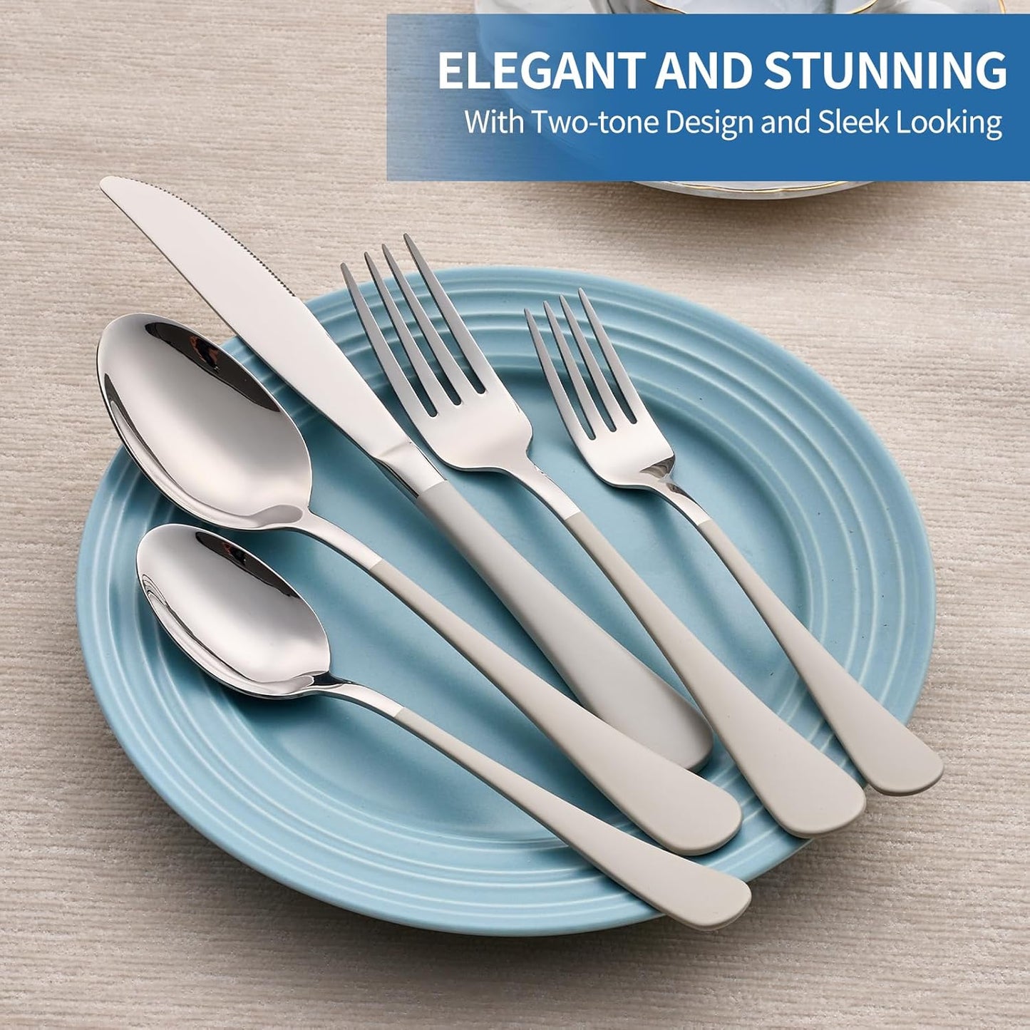 Skiennix 20-Piece Off White Silverware Set - Modern 18/0 Stainless Steel Flatware for 4 | Dishwasher Safe