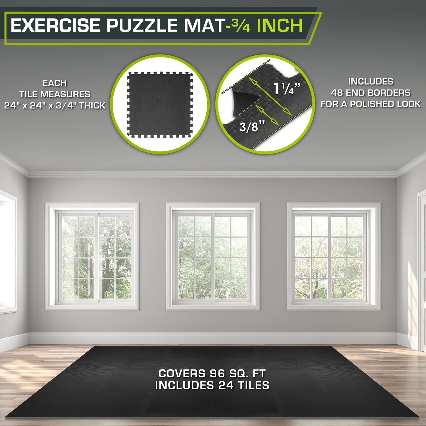 ProsourceFit Weaved Pattern Extra Thick Exercise Puzzle Mat ¾-inch, EVA Foam Interlocking Tiles for Protective, Cushioned Flooring for Home and Gym Equipment; Black, 96 SQ FT, 24 Tiles