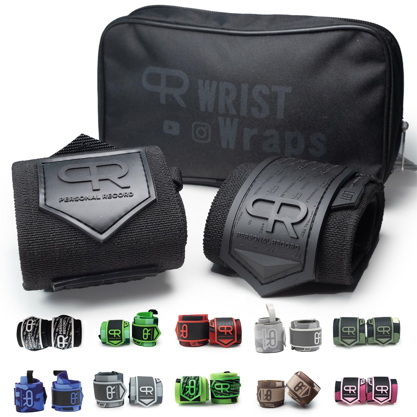 PR Personal Record Heavy Duty Premium Wrist Wraps, More Elasticity, Reinforced Stitching, Extra Wide Strap, Strong Thumb Loop, Larry Wheels Weightlifting Wraps, Lifting Wrist Wraps - All Black