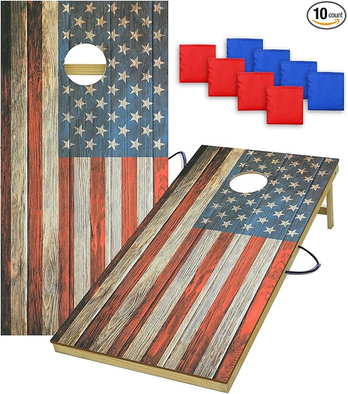 UKASE Solid Wood Regulation Size Cornhole Set Portable Bean Bags Toss Game with Durable Wood Grain Printed Surface and Underneath for Indoor and Outdoor
