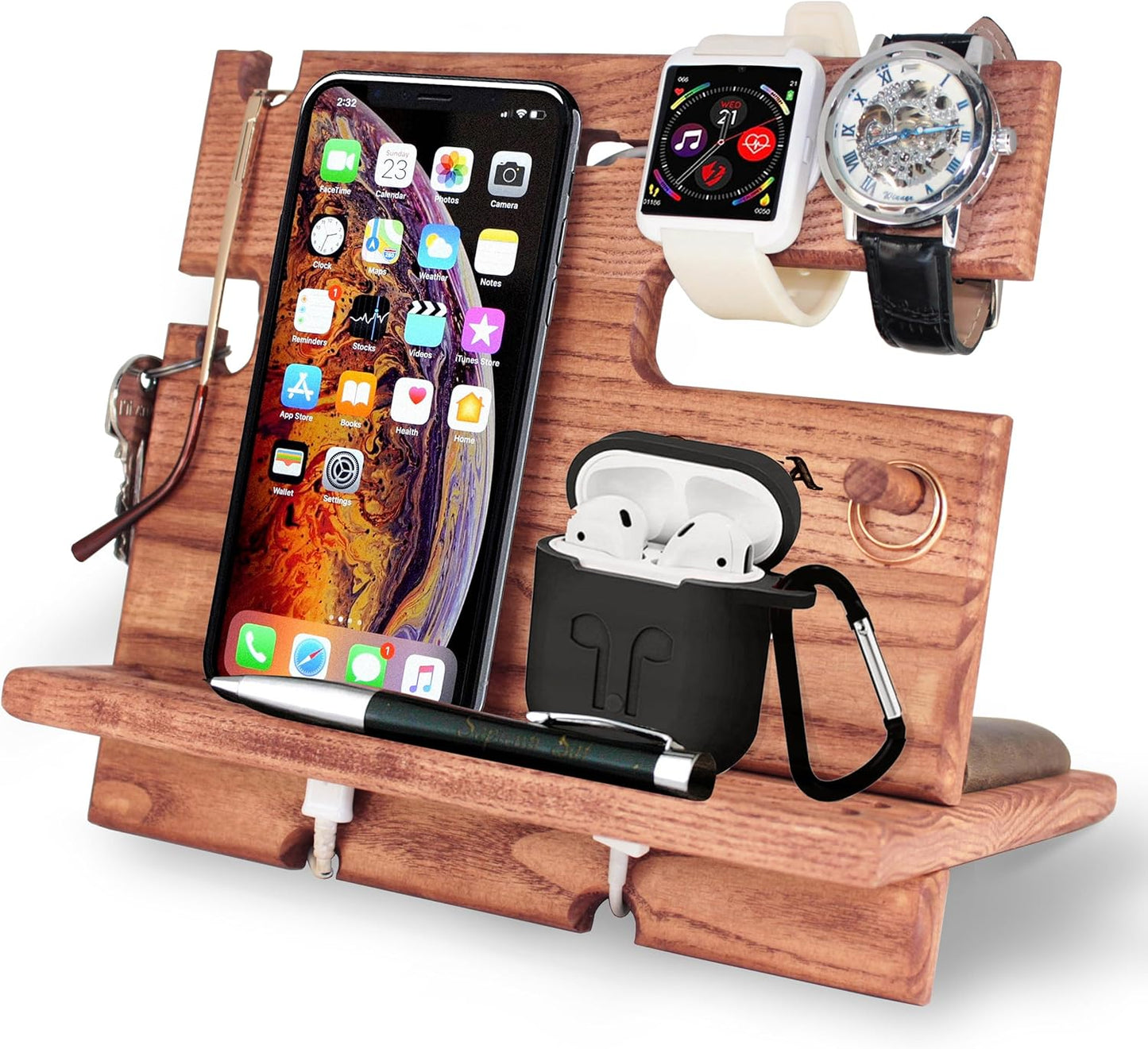 BarvA Rustic Phone Docking Station Desk Organizer | Night Stand Electronics Charging Station | Dresser Smart Watch