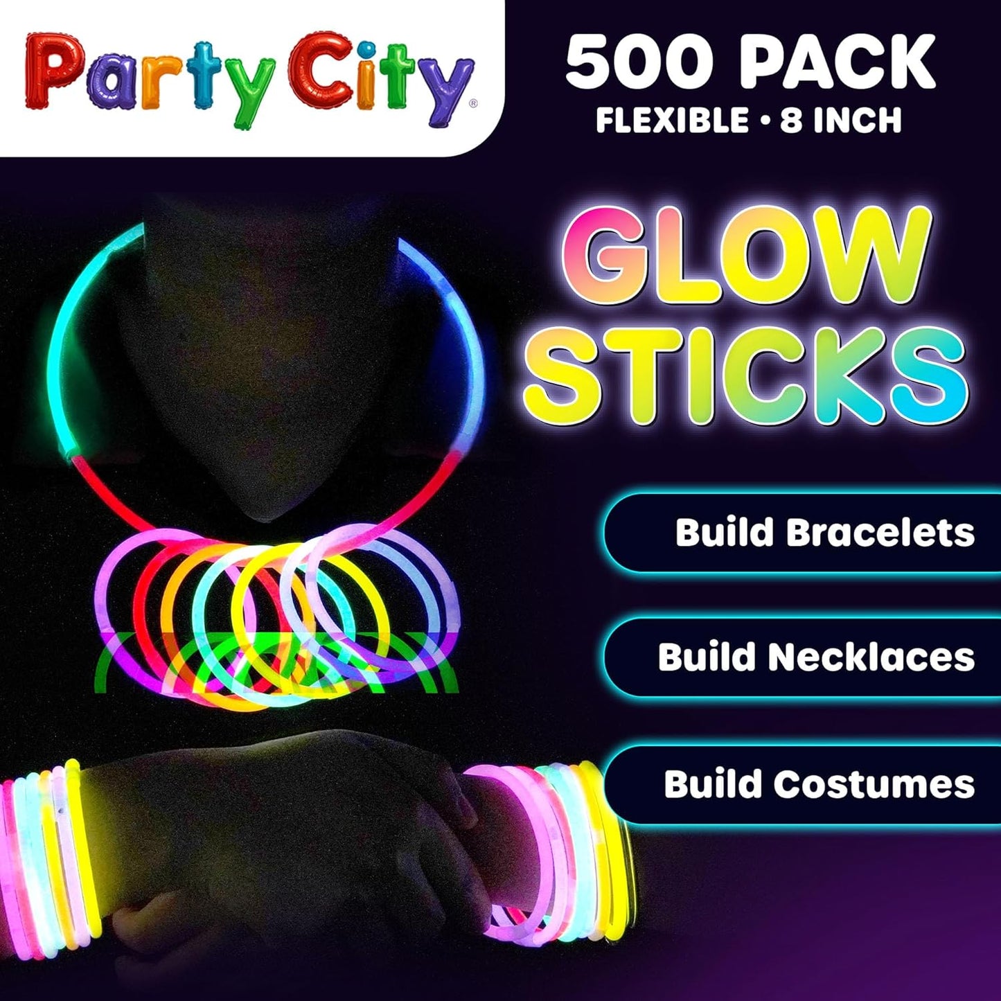 Party City 500 Glow Sticks - Neon Glow in the Dark Party Supplies | Light Up Favors for Kids & Adults