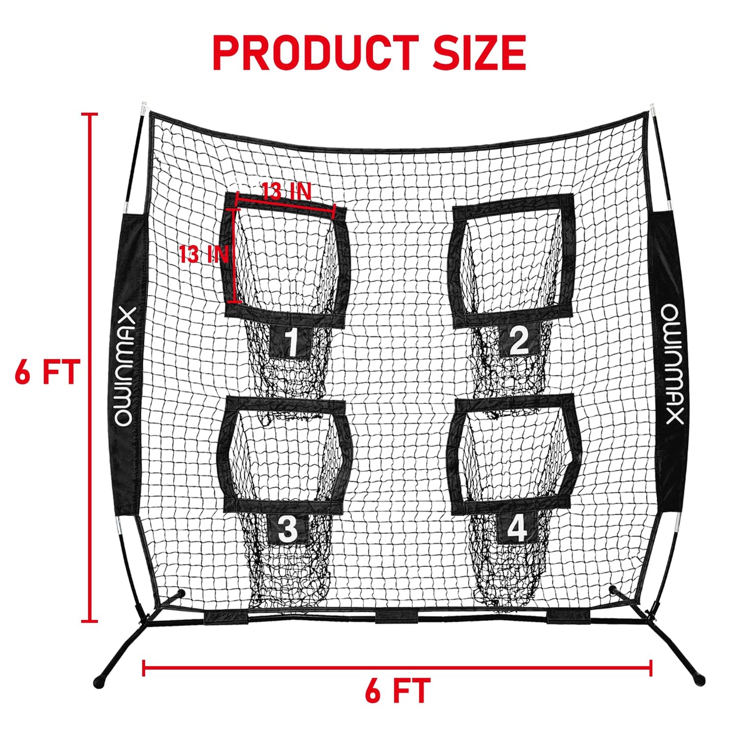 Owinmax 6x6 ft Football Trainer Throwing Net, Training Target Practice with 4 Targets, Includes Carry Bag and Ground Stake, Black and Red, Great for Kids and Youth
