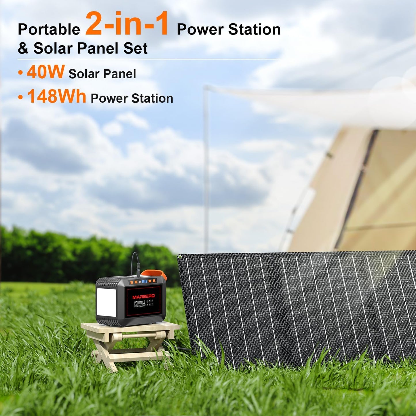 MARBERO 148Wh Solar Generator with Solar Panel Included Portable Power Station 200W with Foldable Solar Panel 40W Set for Camping Outdoor Hiking Fishing Emergency