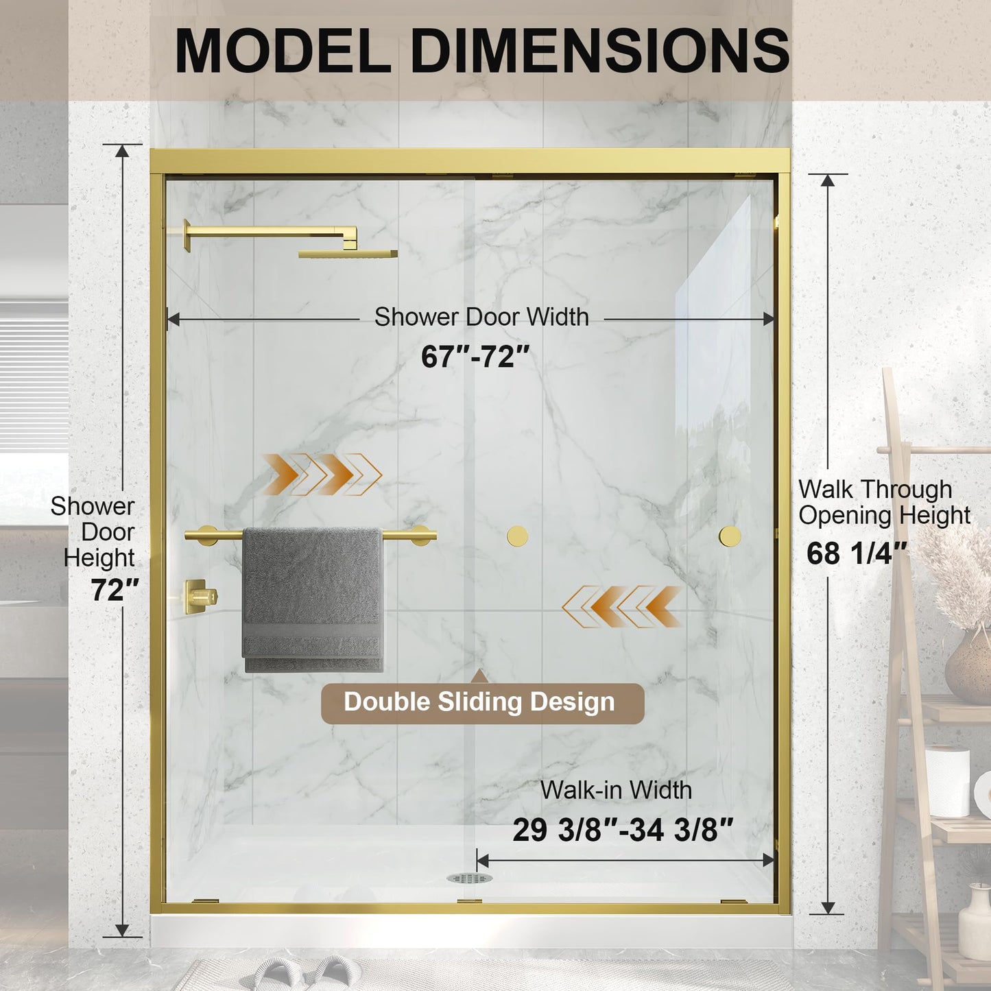 Double Sliding Shower Door 67-72" W x 72" H,Semi-Frameless Glass Shower Door with Nano Explosion-Proof Safety Film, 1/4"(6mm) Tempered Glass,Easy-Clean Bypass Walk-in Shower Door,Brushed Gold