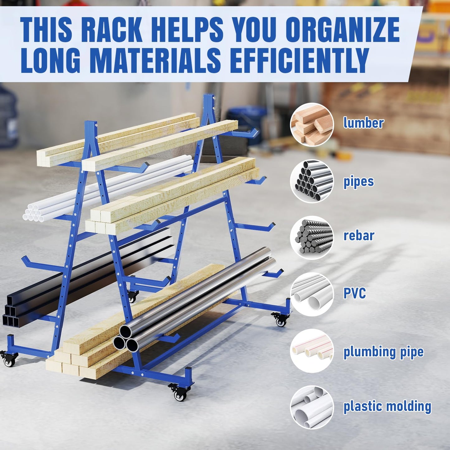 tonchean Lumber Storage Rack with Wheels 5 Tier Cantilever Racking for Storage Heavy Duty Conduit Rack Horizontal Storage Rack Pipe Rack Holds up to 1000lbs, 55.9" D x 46.2" W x 54.3" H