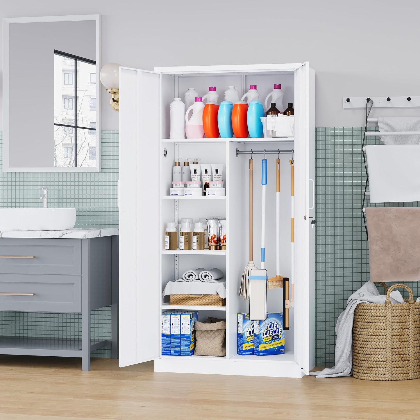 LISSIMO Broom Closet with Lock, Metal Storage Cabinet 36" Wide, 5-Tier Steel Utility Cabinet with Hanging Rod & Doors for Garage, Laundry Room, Warehouse Storage