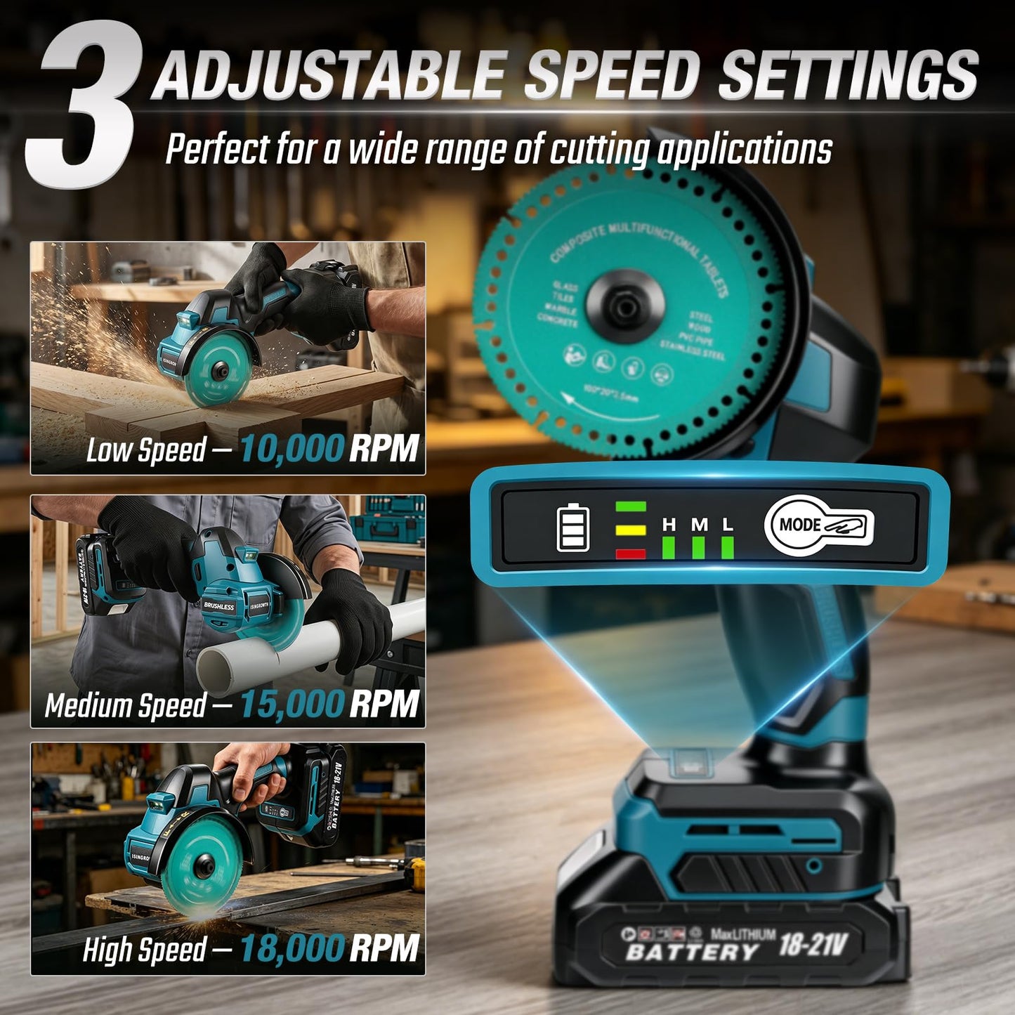 ISINGROWTH Cordless Cut Off Tool with 2 Batteries, 4-Inch 21V Brushless Mini Saw Kit, 3-Speed Multi-Material Cutter for Metal Wood Tile PVC, LED Light for DIY Repairs