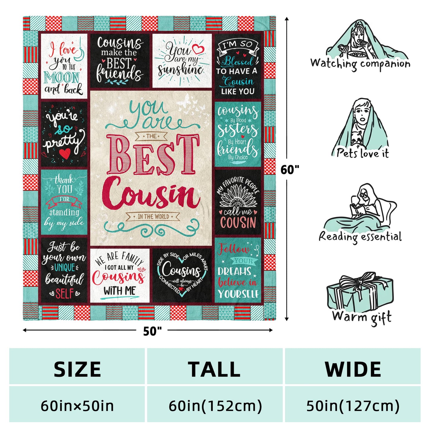 TOBUNKIEN Cousin Gifts for Women - Cousin Birthday Gifts - Birthday Gift for Cousins Female - Best Cousins Ever Gifts Blanket 60"X 50"