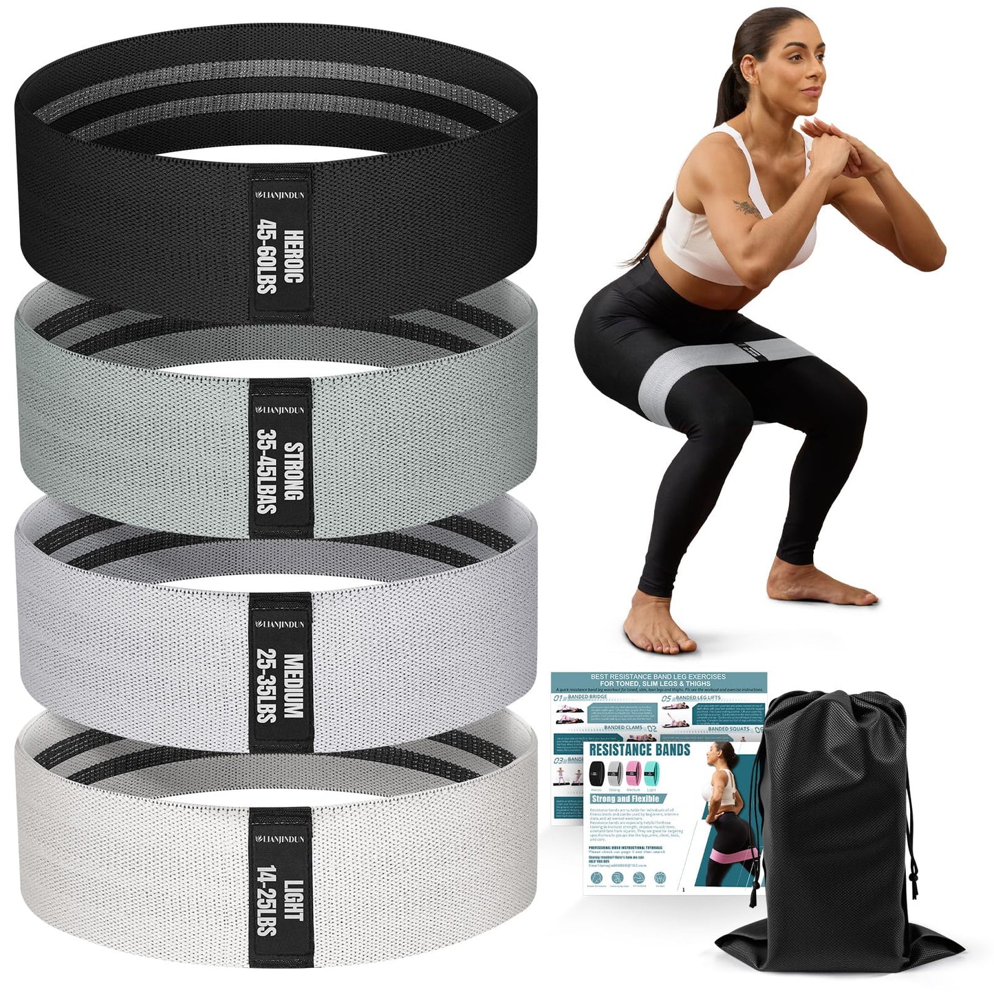 Resistance Bands for Working Out with Guide, 4 Workout Bands for Women & Men, Fabric Exercise Bands for Legs, Hip, Glute, Butt, Booty Bands Set for Yoga, Pilates, Strength (Gradient Gray)
